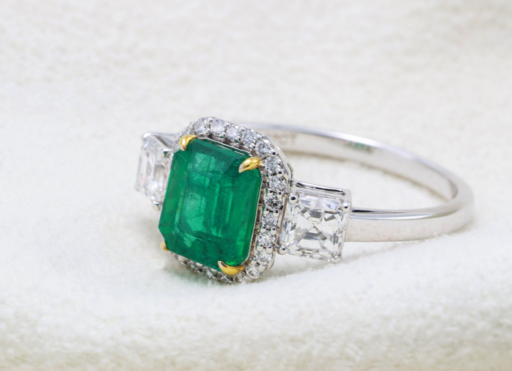 Zambian Emerald & Asscher Diamond Ring in 18K white gold — view 9