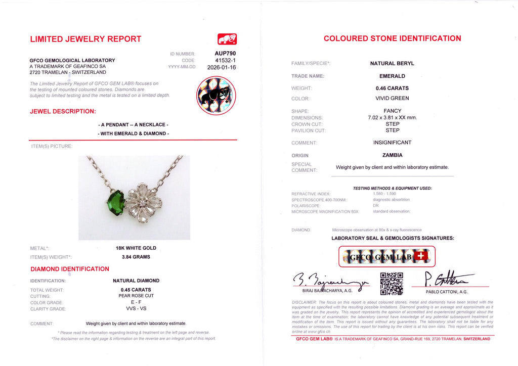 Zambian Emerald & Diamond Flower Pendant — GFCO laboratory report
