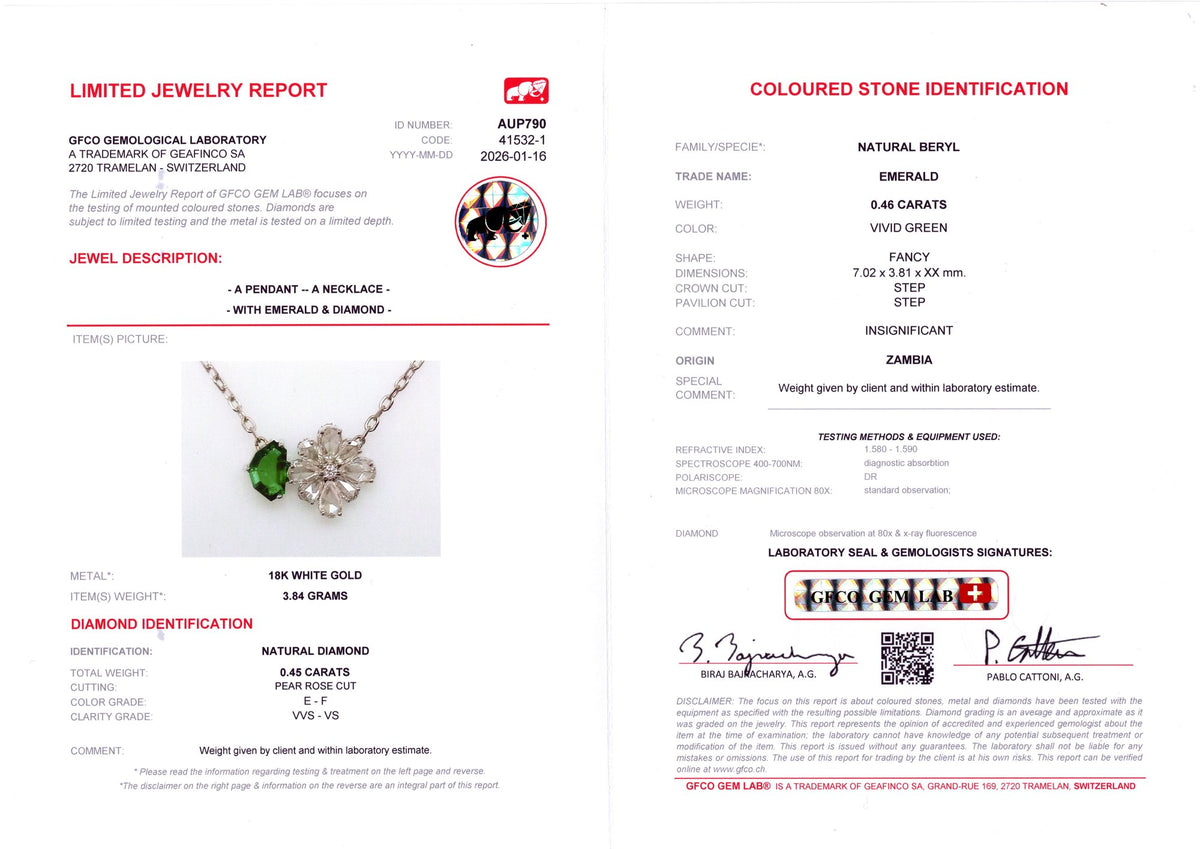 Zambian Emerald & Diamond Flower Pendant — GFCO laboratory report