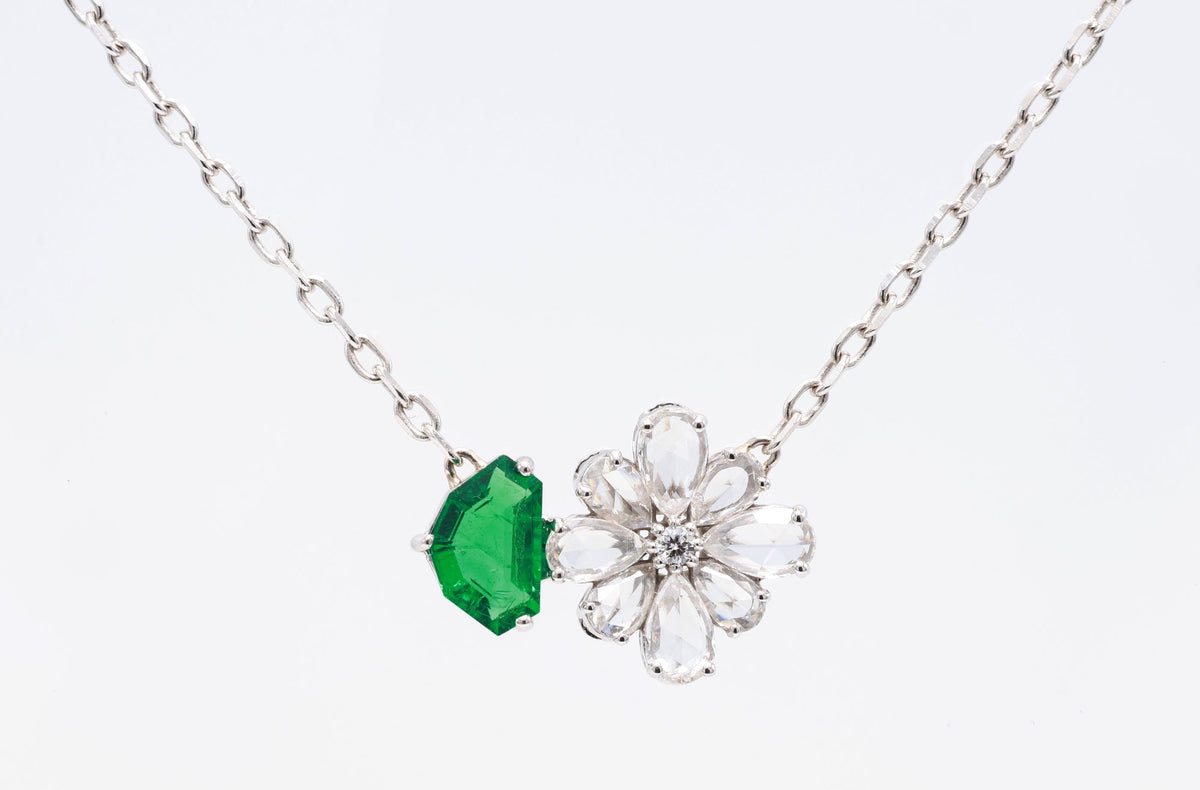 Zambian Emerald & Diamond Flower Pendant in 18K white gold — view 1