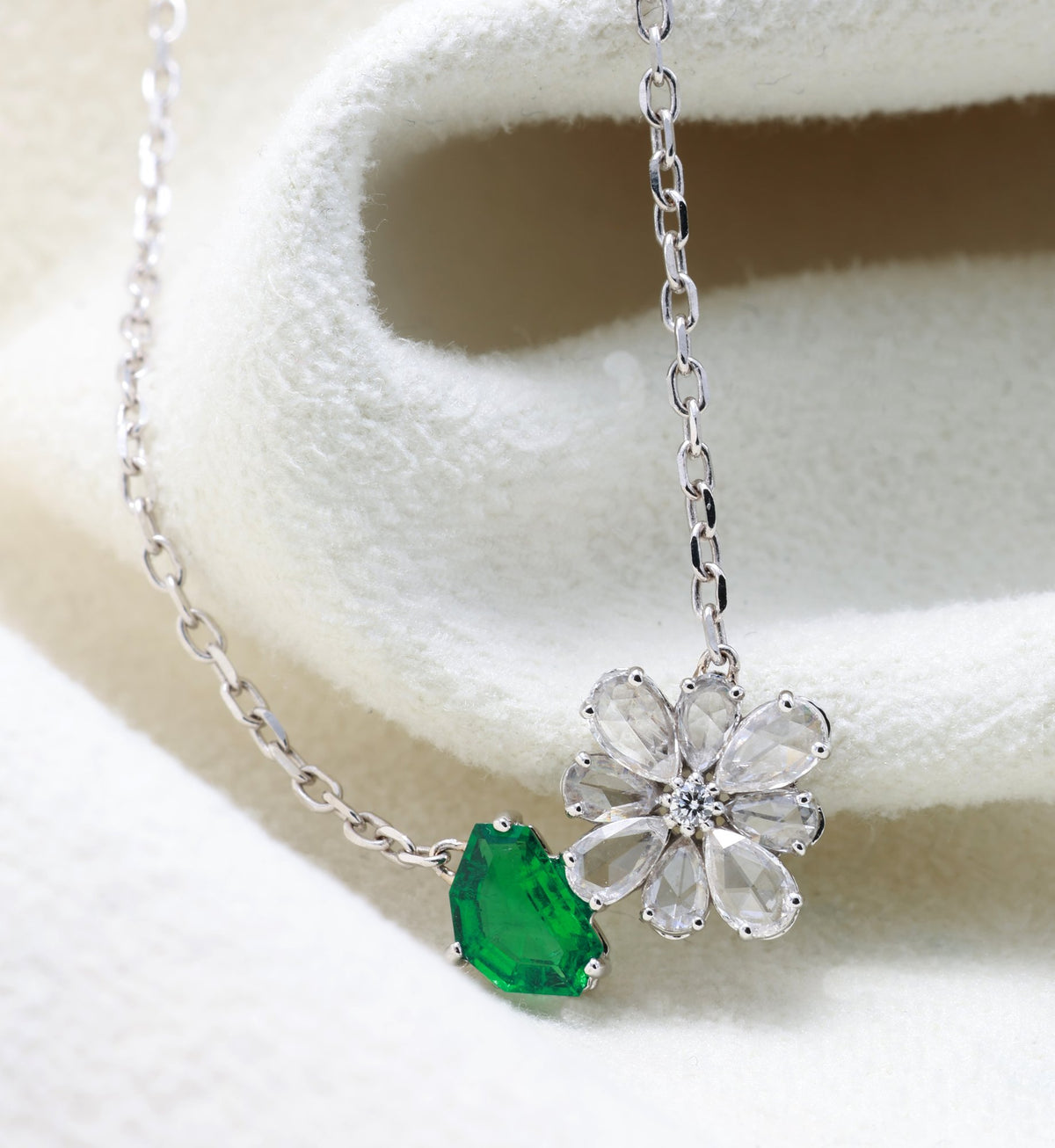 Zambian Emerald & Diamond Flower Pendant in 18K white gold — view 2
