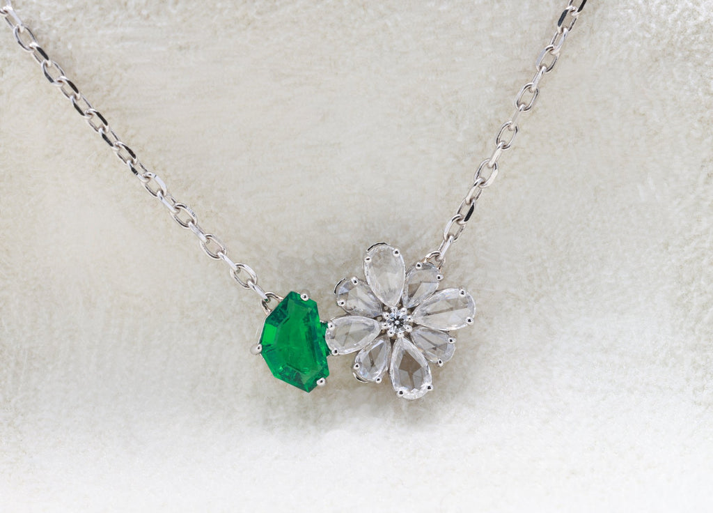 Zambian Emerald & Diamond Flower Pendant in 18K white gold — view 3