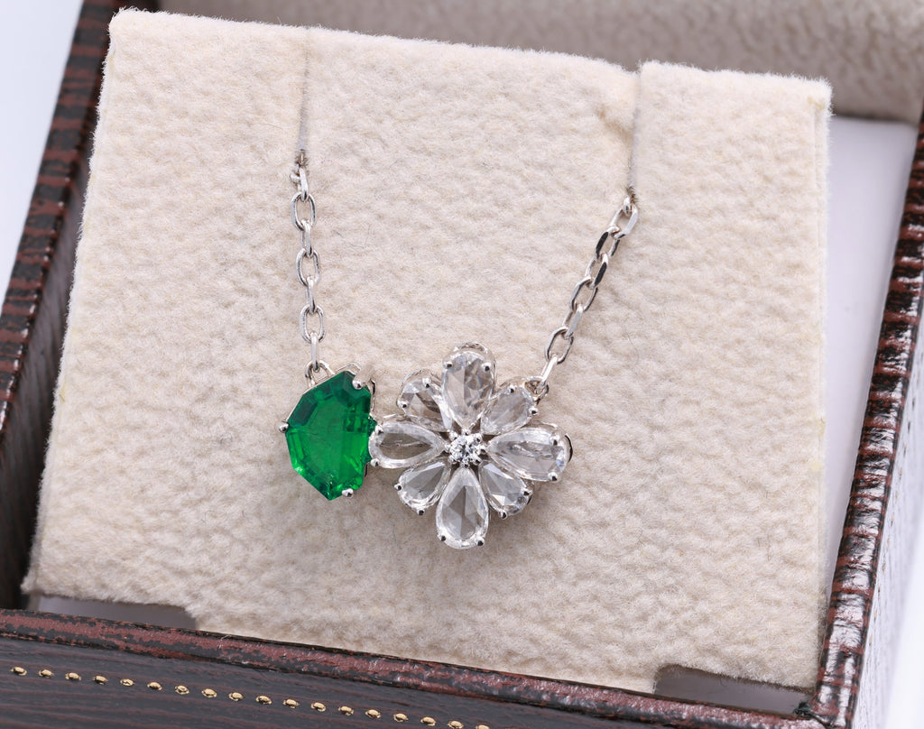 Zambian Emerald & Diamond Flower Pendant in 18K white gold — view 4