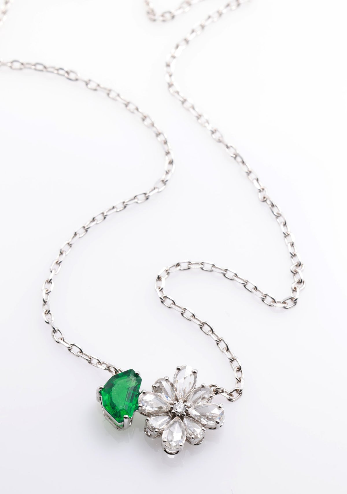 Zambian Emerald & Diamond Flower Pendant in 18K white gold — view 5