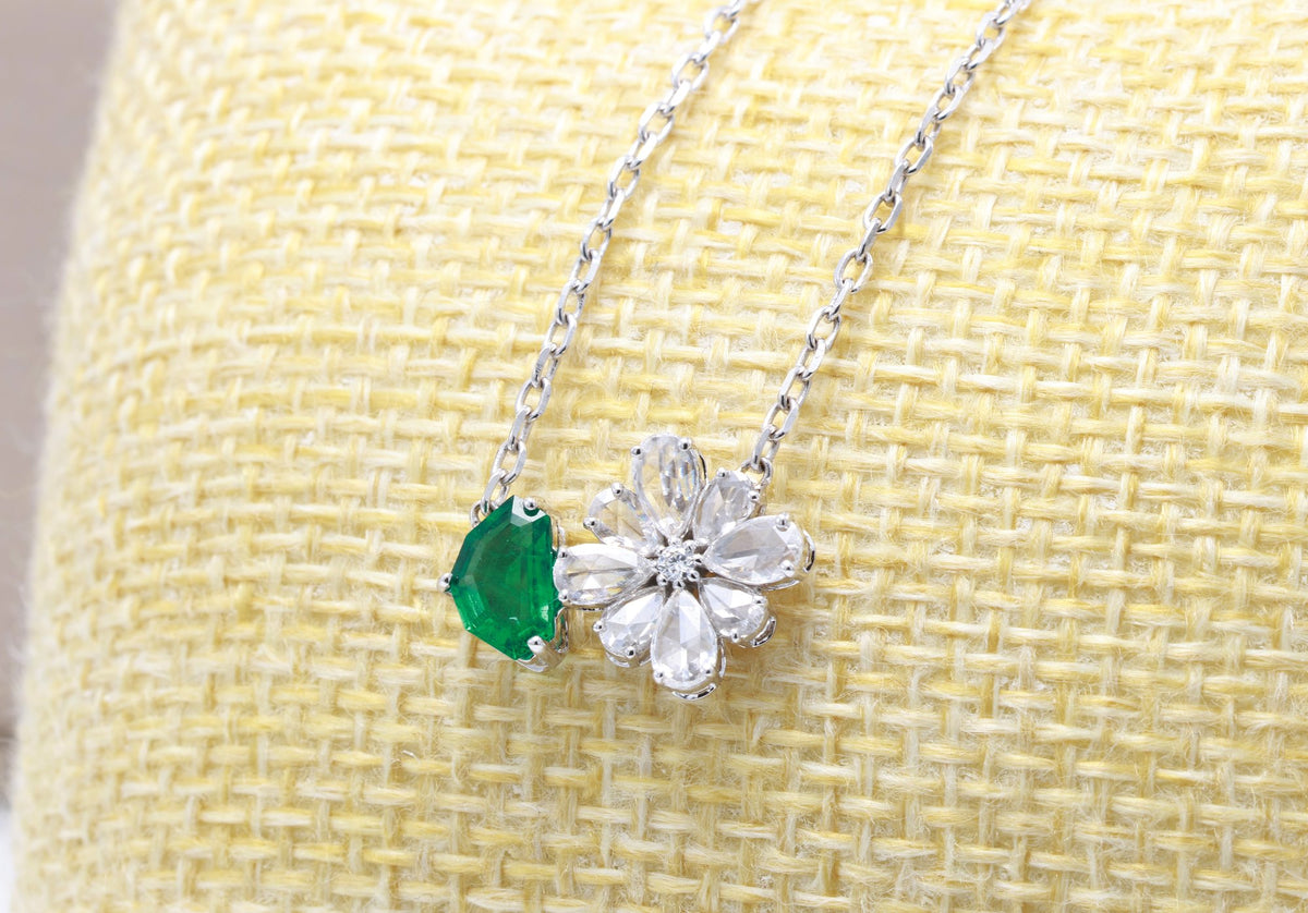 Zambian Emerald & Diamond Flower Pendant in 18K white gold — view 6