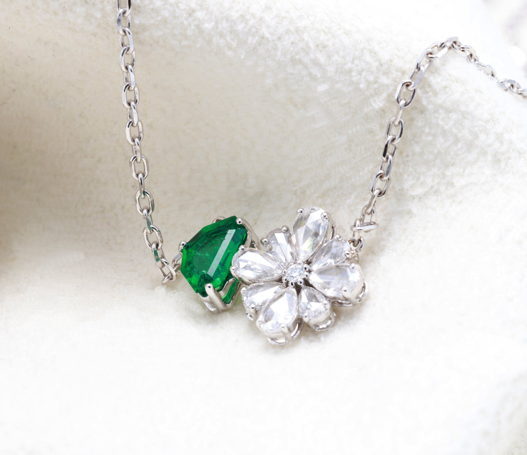 Zambian Emerald & Diamond Flower Pendant in 18K white gold — view 7