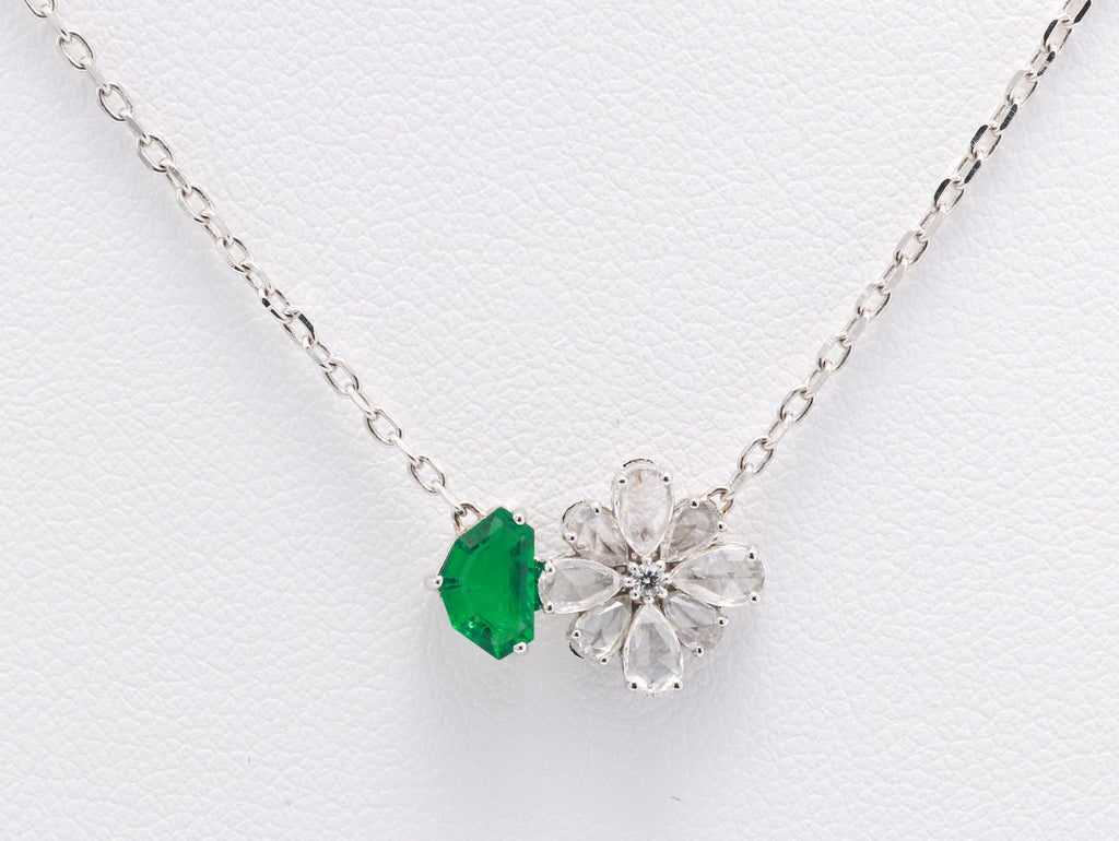 Zambian Emerald & Diamond Flower Pendant in 18K white gold — view 8