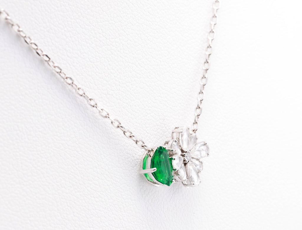 Zambian Emerald & Diamond Flower Pendant in 18K white gold — view 9