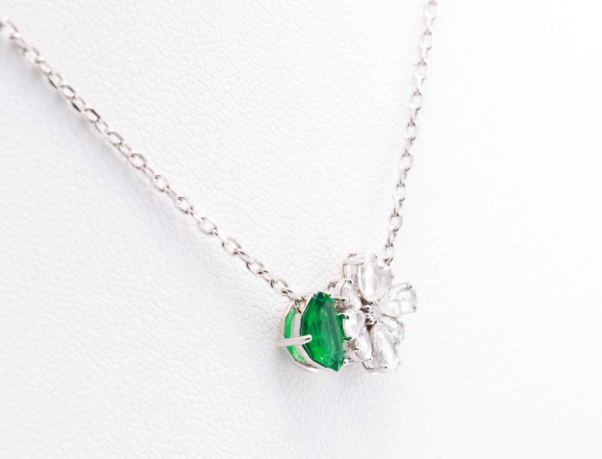 Zambian Emerald & Diamond Flower Pendant in 18K white gold — view 9