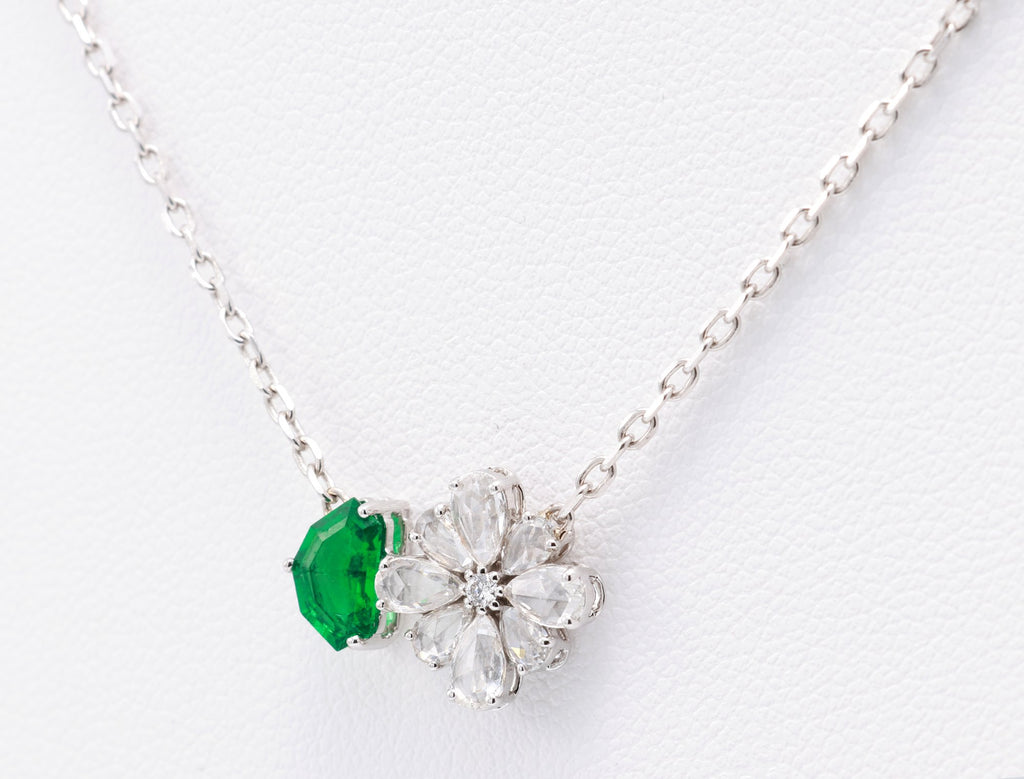 Zambian Emerald & Diamond Flower Pendant in 18K white gold — view 10