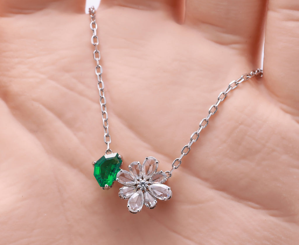 Zambian Emerald & Diamond Flower Pendant in 18K white gold — view 11