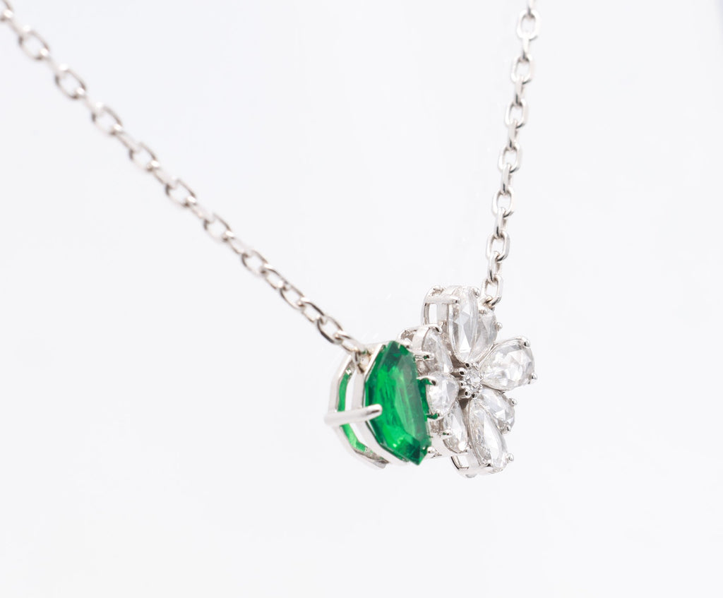Zambian Emerald & Diamond Flower Pendant in 18K white gold — view 12