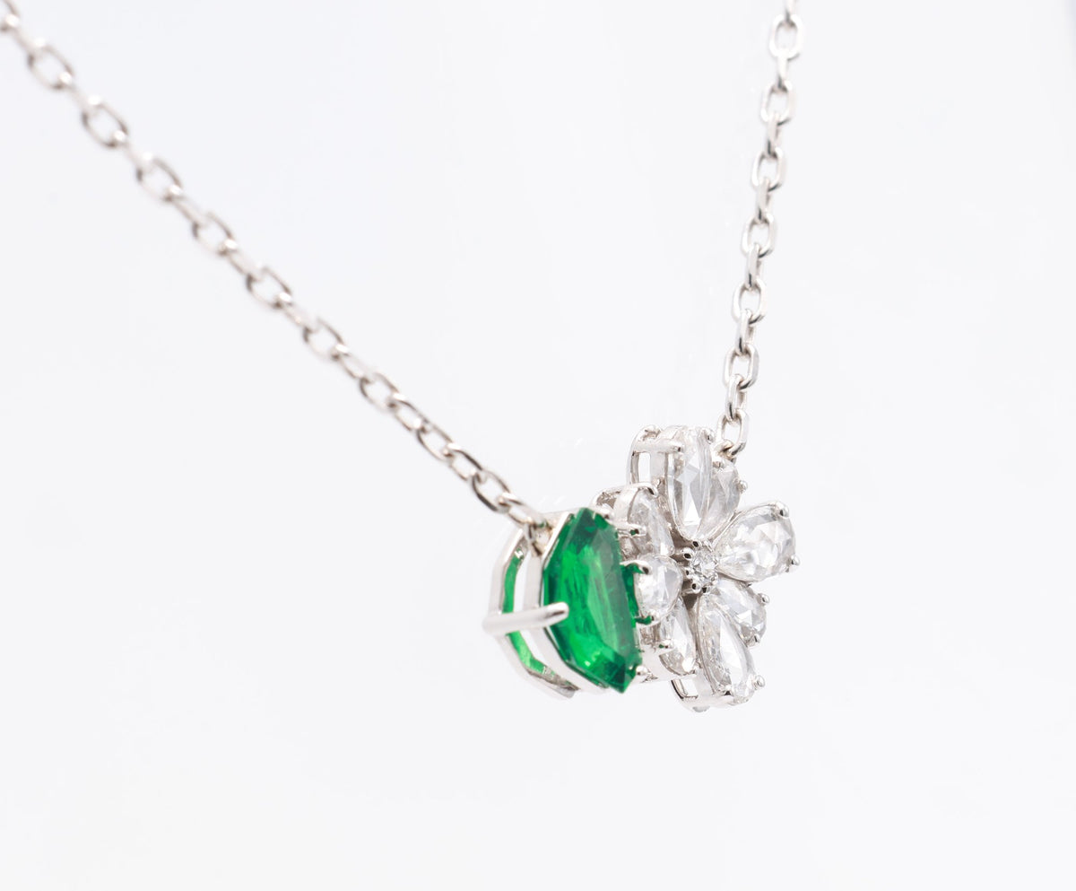 Zambian Emerald & Diamond Flower Pendant in 18K white gold — view 12