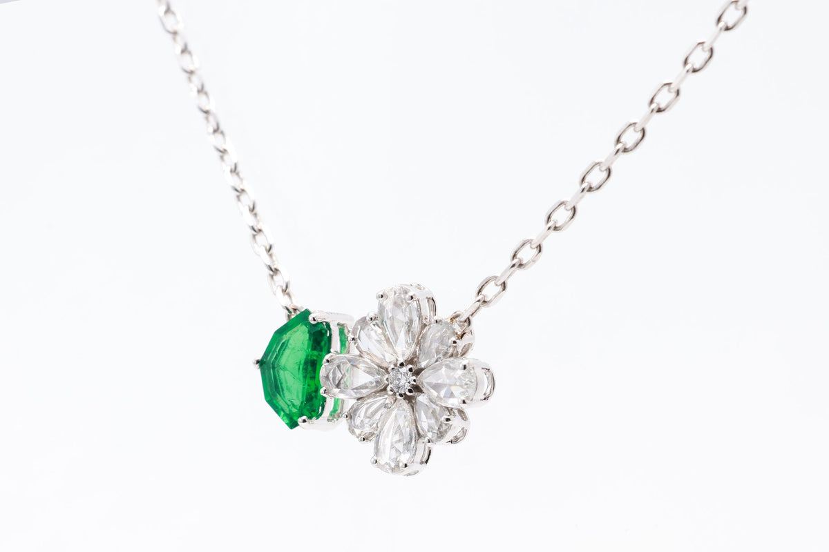 Zambian Emerald & Diamond Flower Pendant in 18K white gold — view 13
