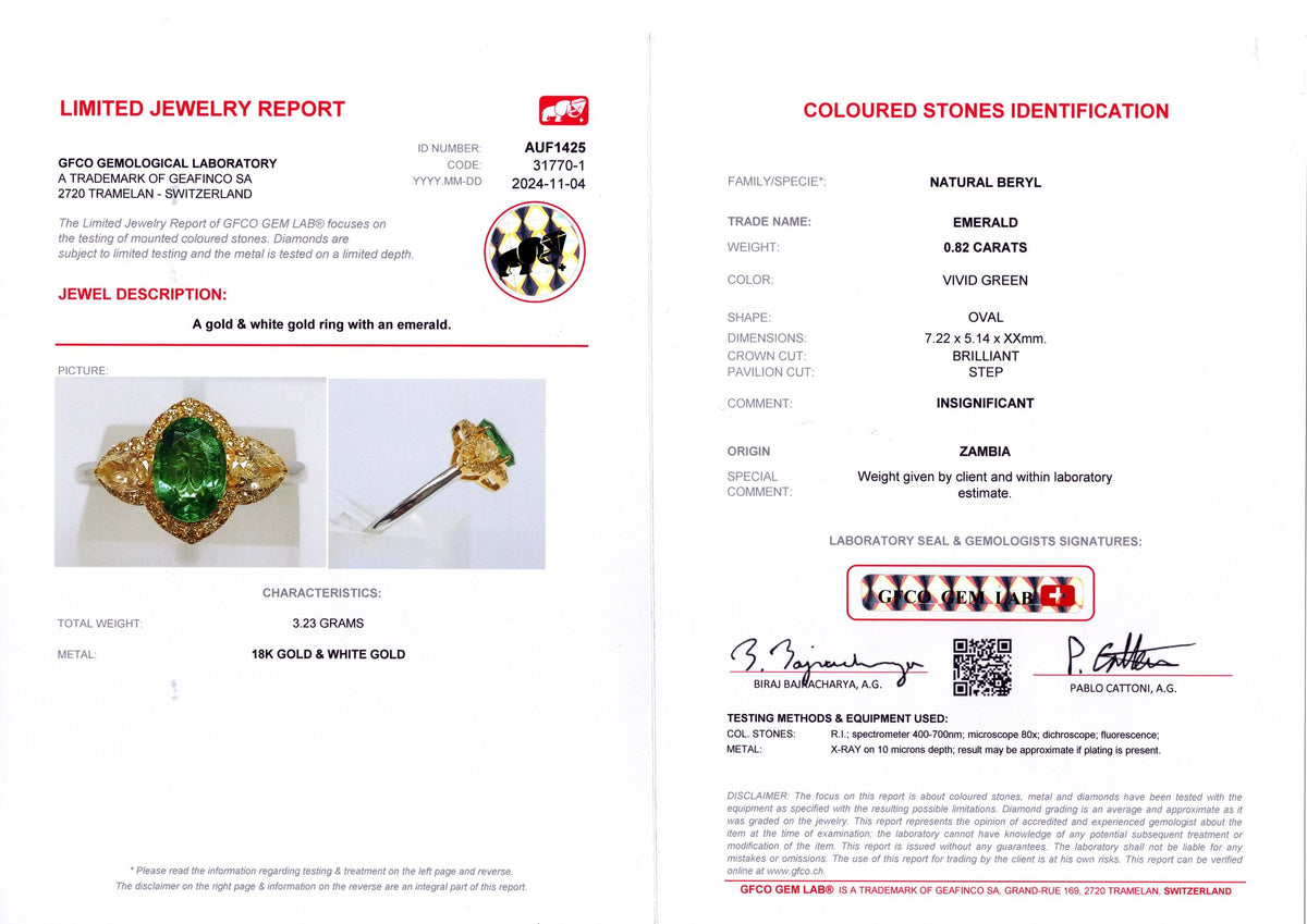 Zambian Emerald & Fancy Yellow Diamond Ring — GFCO laboratory report