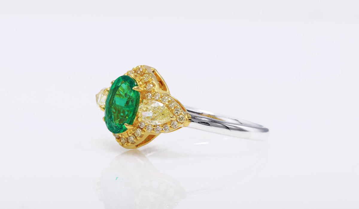 Zambian Emerald & Fancy Yellow Diamond Ring in 18K yellow gold — view 5