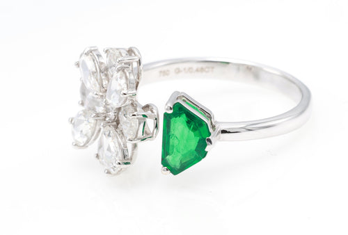 Zambian Emerald & Flower Diamond Toi et Moi Ring in 18K white gold — view 2
