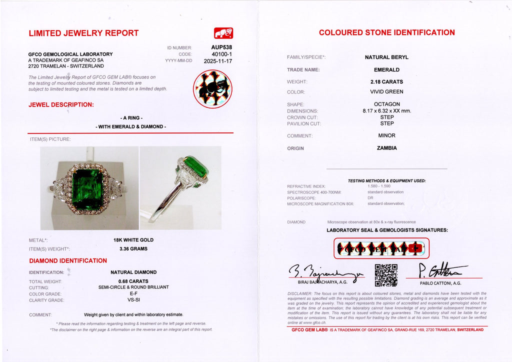 Zambian Emerald & Half-Moon Diamond Ring — GFCO laboratory report