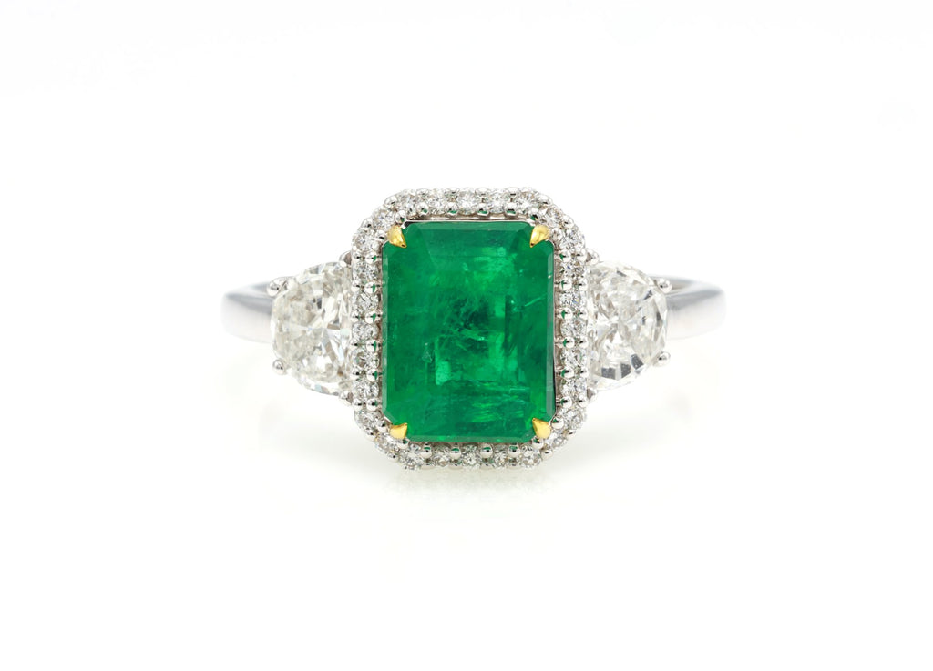 Zambian Emerald & Half-Moon Diamond Ring in 18K white gold — view 1