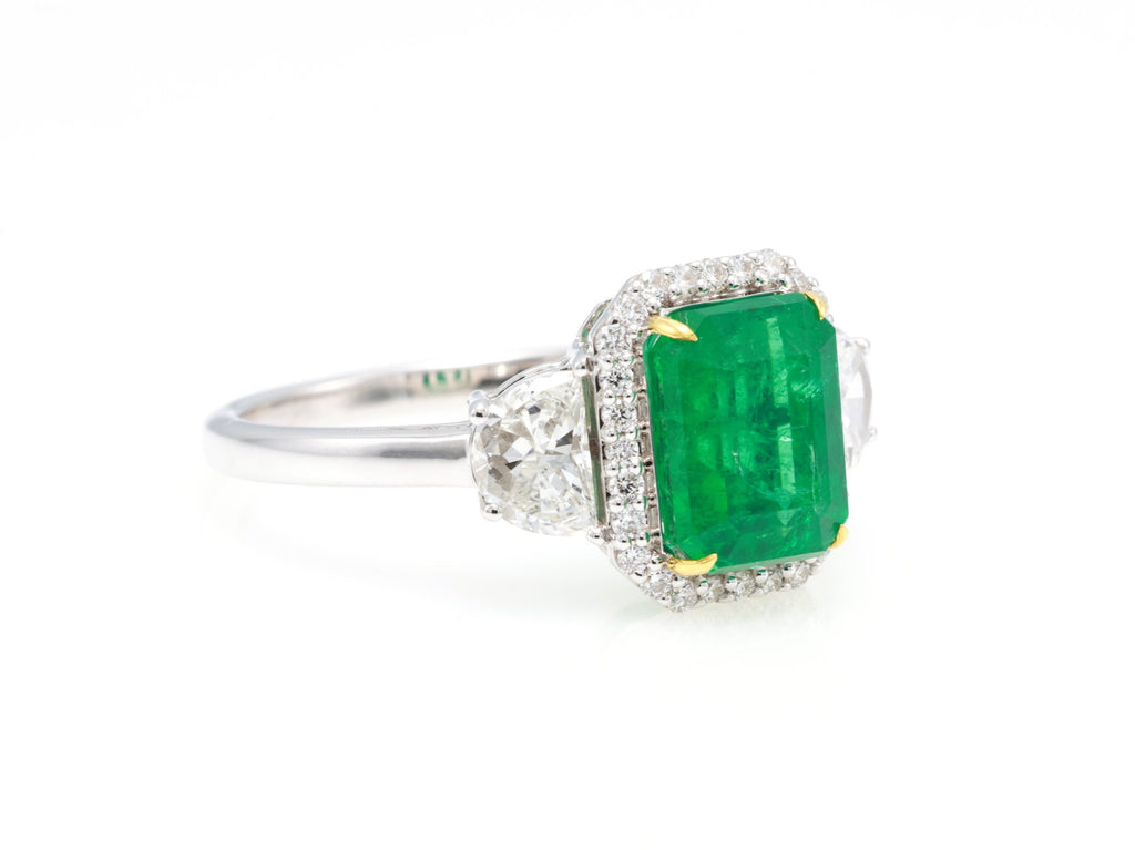 Zambian Emerald & Half-Moon Diamond Ring in 18K white gold — view 2