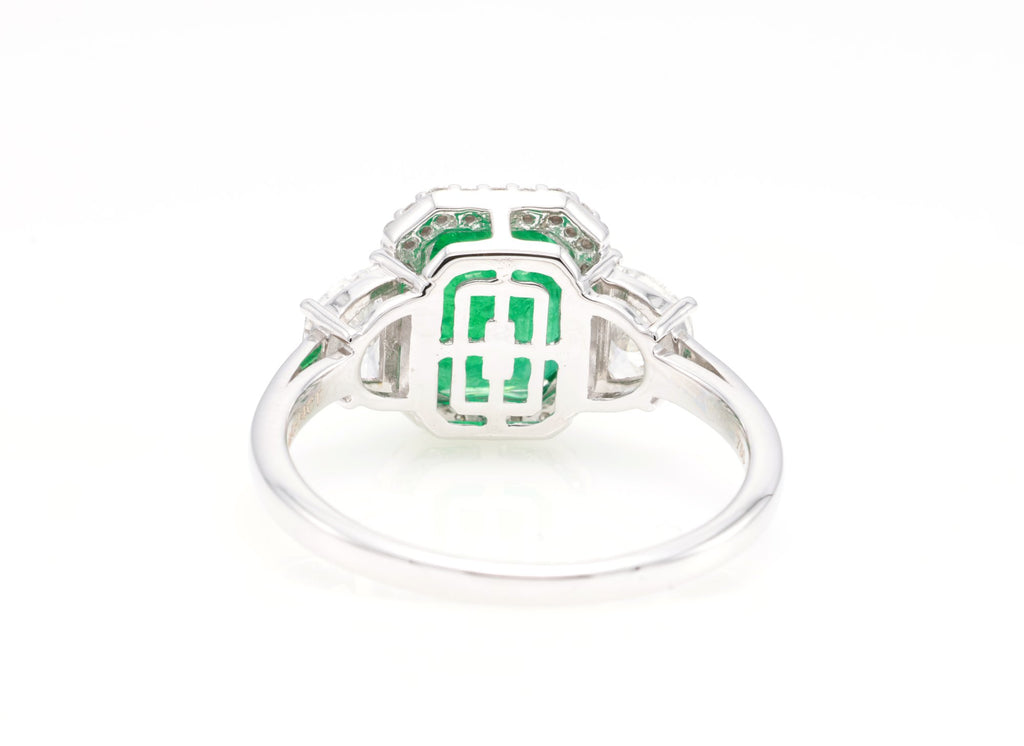 Zambian Emerald & Half-Moon Diamond Ring in 18K white gold — view 3