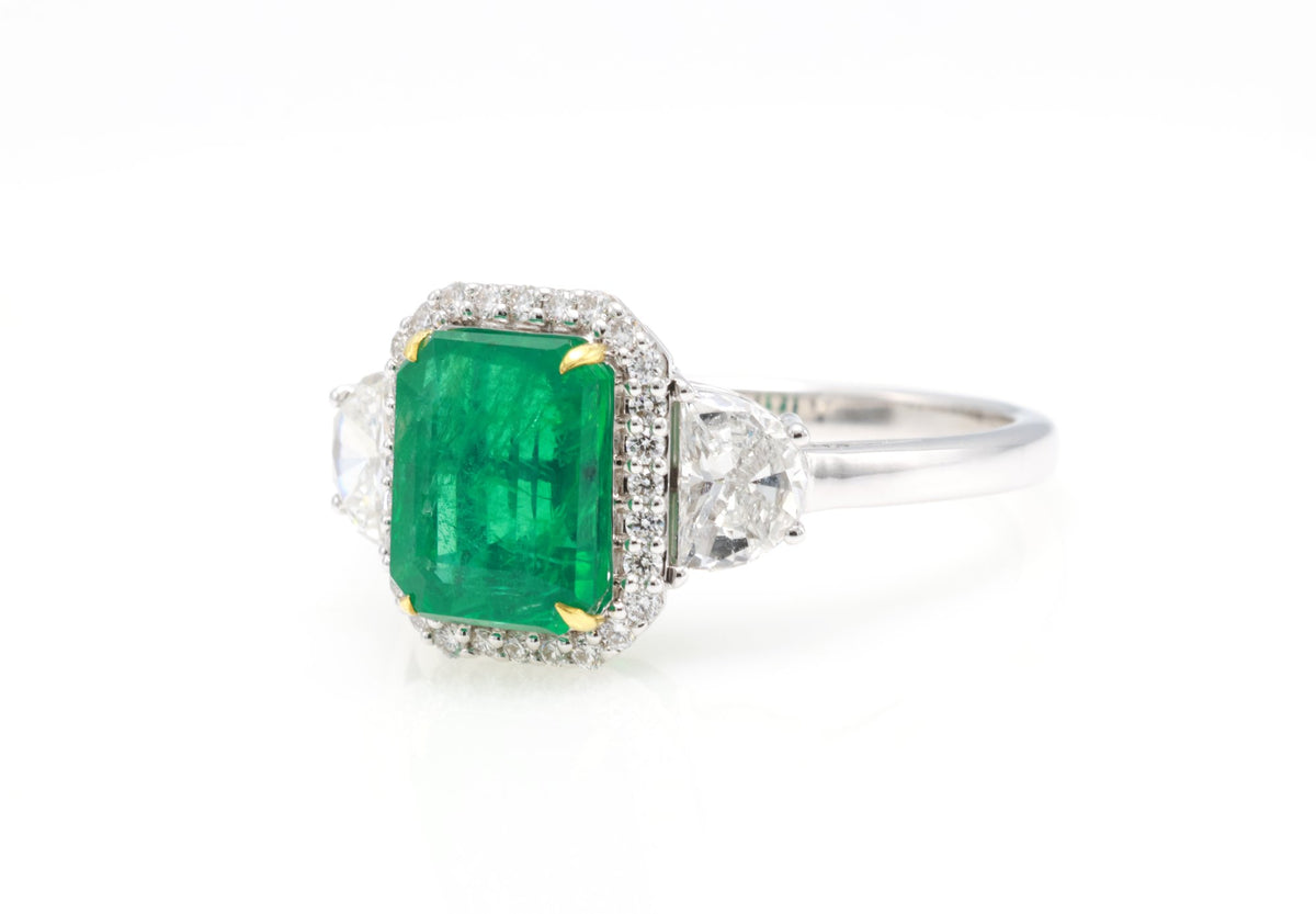 Zambian Emerald & Half-Moon Diamond Ring in 18K white gold — view 4