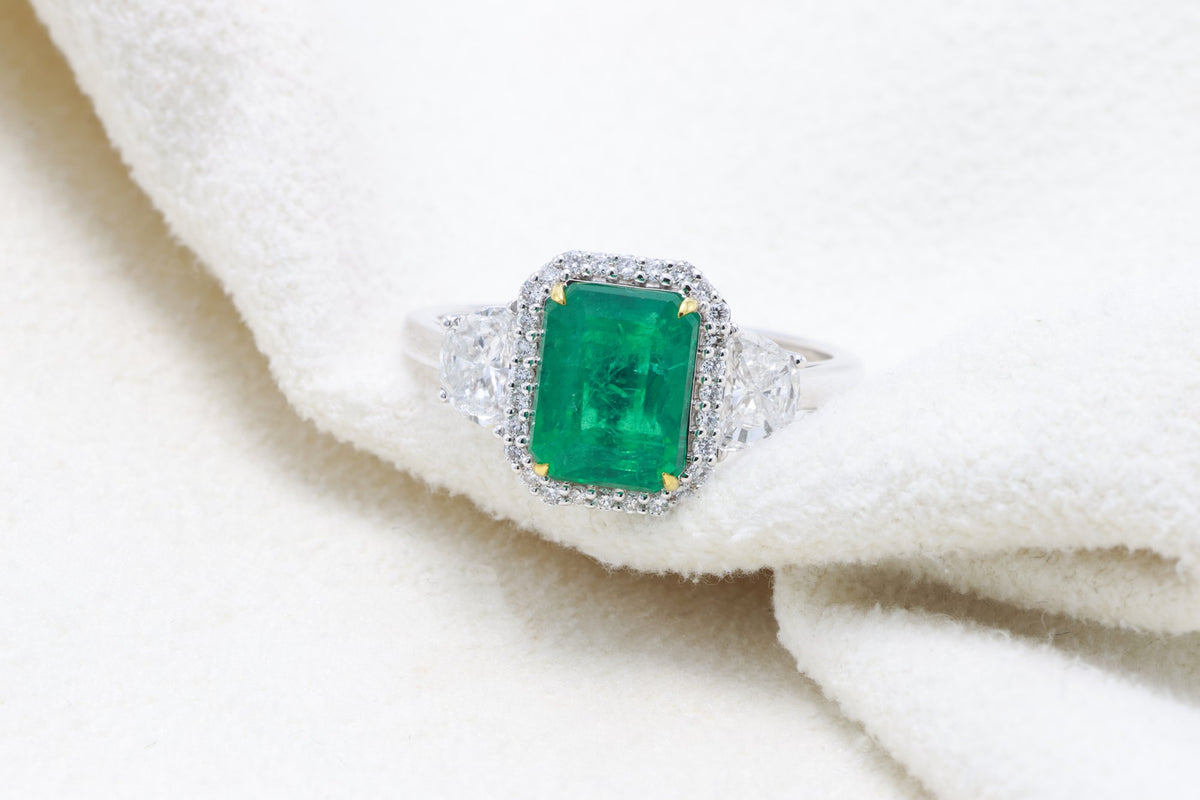 Zambian Emerald & Half-Moon Diamond Ring in 18K white gold — view 5