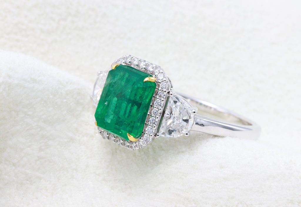 Zambian Emerald & Half-Moon Diamond Ring in 18K white gold — view 6