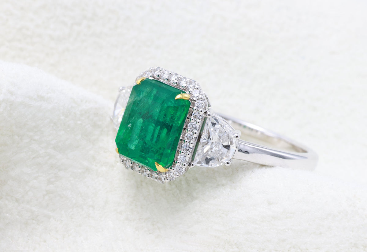 Zambian Emerald & Half-Moon Diamond Ring in 18K white gold — view 6