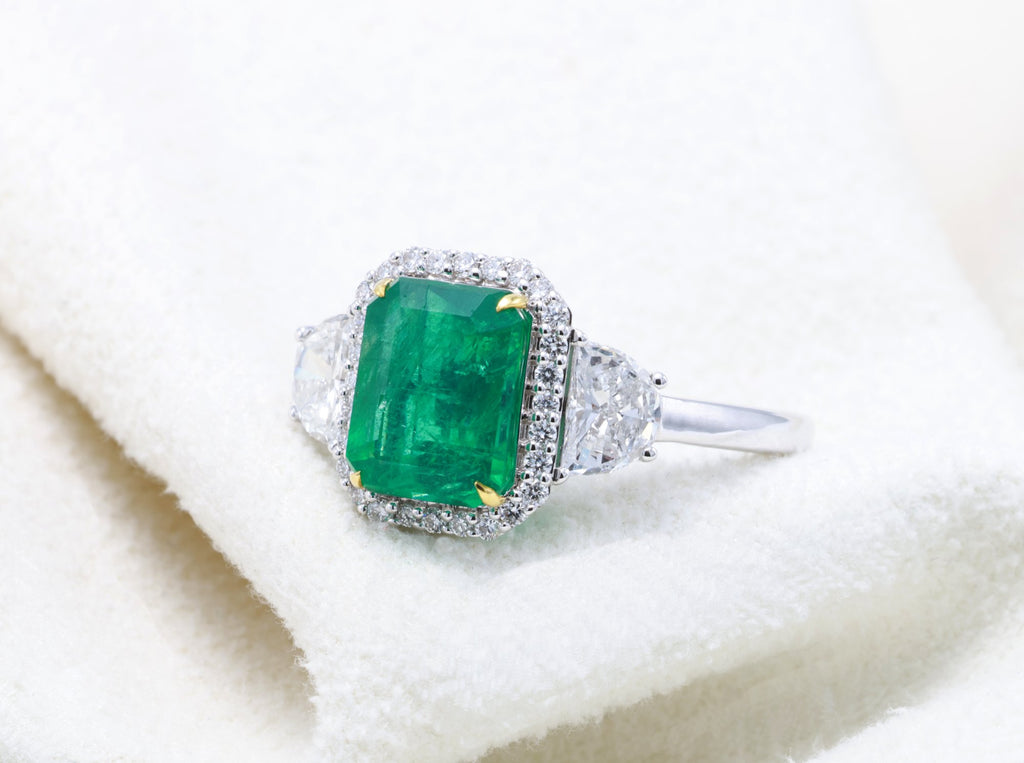 Zambian Emerald & Half-Moon Diamond Ring in 18K white gold — view 7