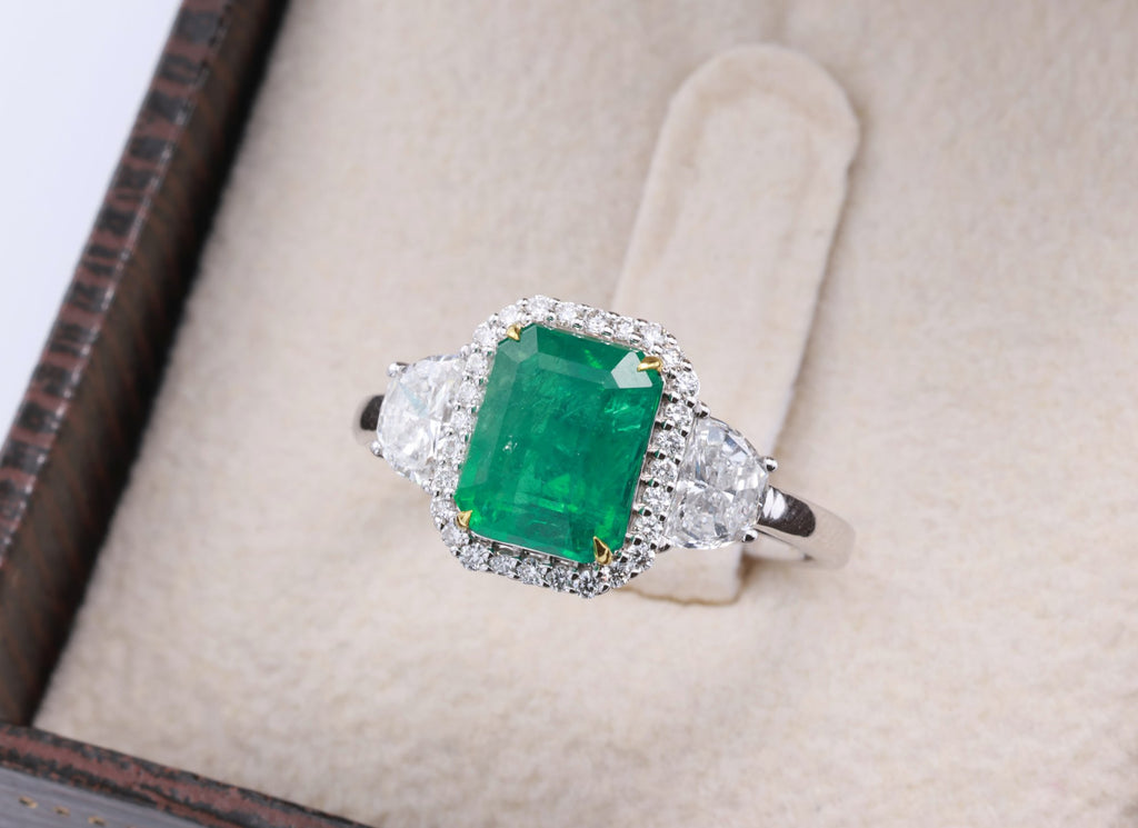 Zambian Emerald & Half-Moon Diamond Ring in 18K white gold — view 8
