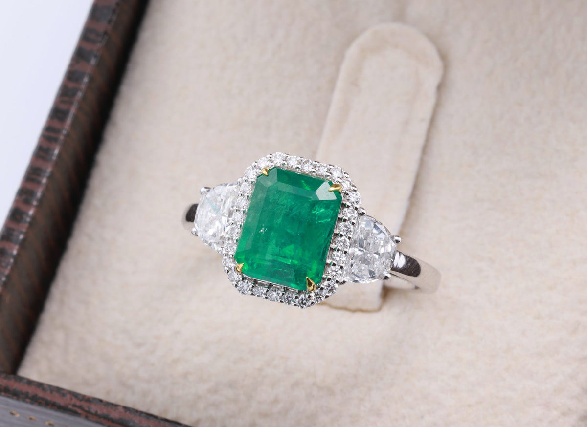 Zambian Emerald & Half-Moon Diamond Ring in 18K white gold — view 8