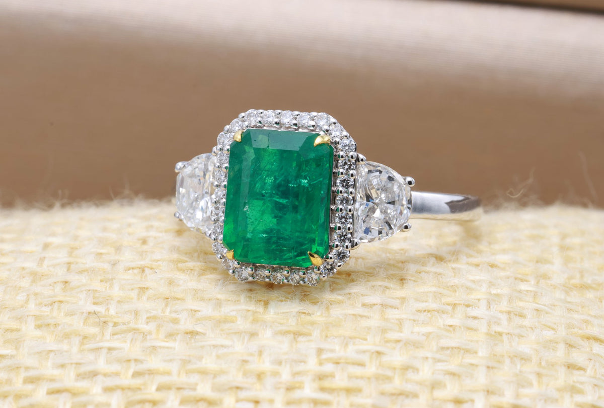 Zambian Emerald & Half-Moon Diamond Ring in 18K white gold — view 9