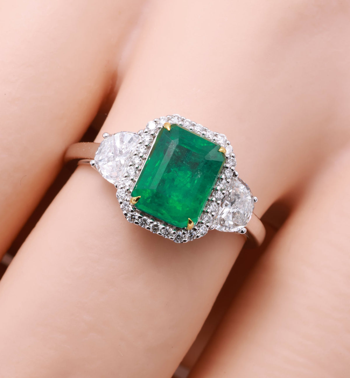 Zambian Emerald & Half-Moon Diamond Ring in 18K white gold — view 10