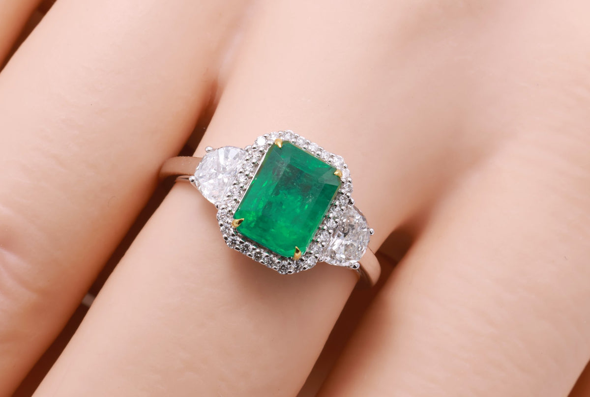 Zambian Emerald & Half-Moon Diamond Ring in 18K white gold — view 11