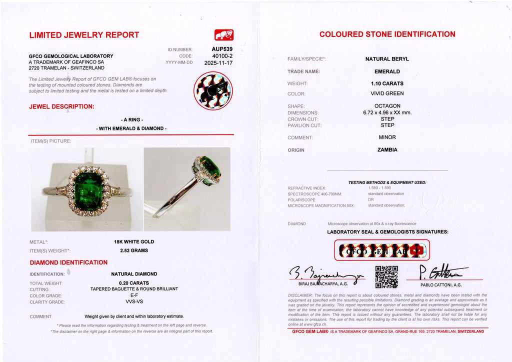 Zambian Emerald Halo Ring — GFCO laboratory report