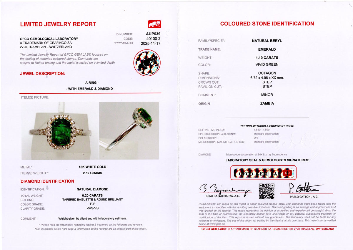 Zambian Emerald Halo Ring — GFCO laboratory report