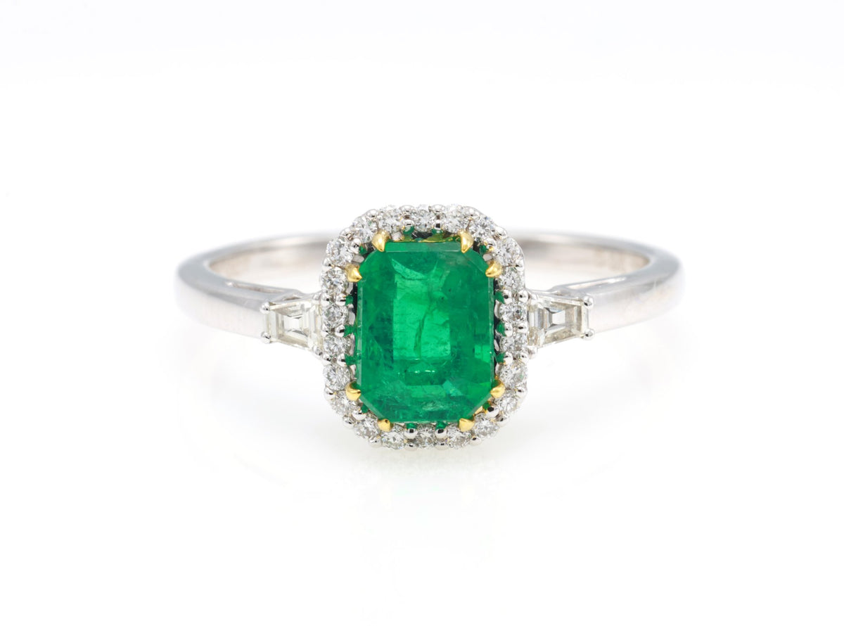 Zambian Emerald Halo Ring in 18K white gold — view 1