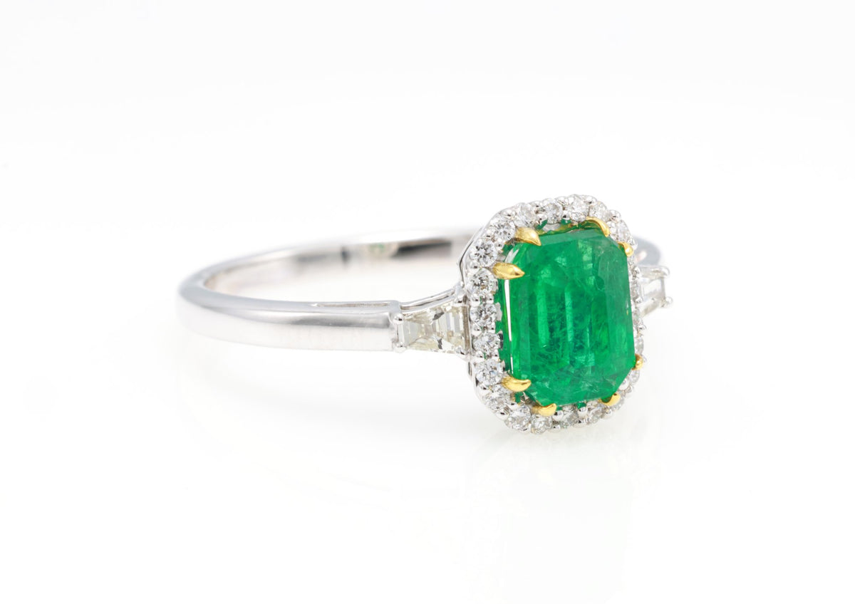 Zambian Emerald Halo Ring in 18K white gold — view 2