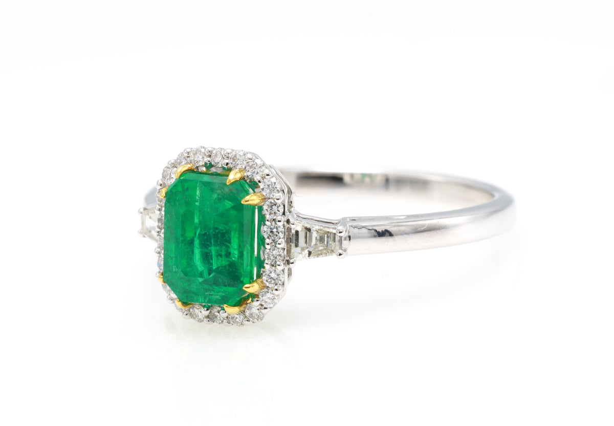 Zambian Emerald Halo Ring in 18K white gold — view 3