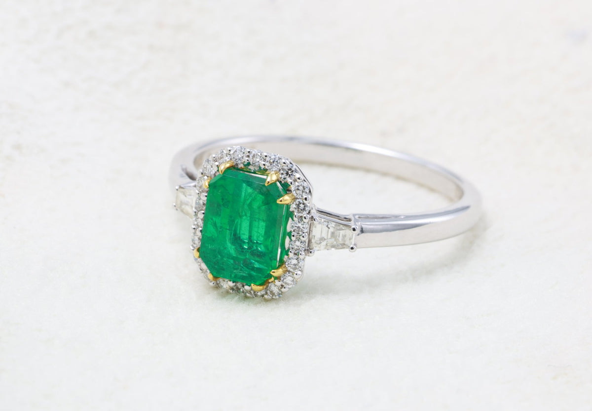 Zambian Emerald Halo Ring in 18K white gold — view 5