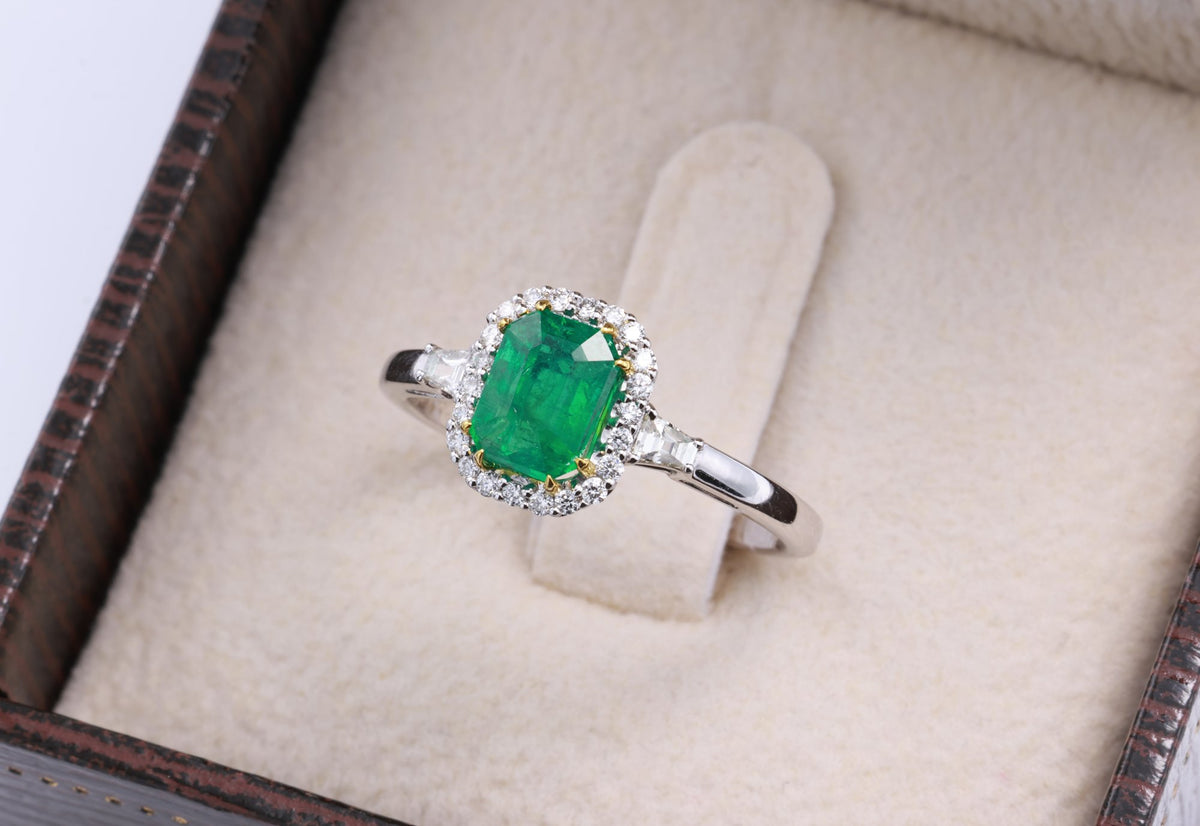 Zambian Emerald Halo Ring in 18K white gold — view 7