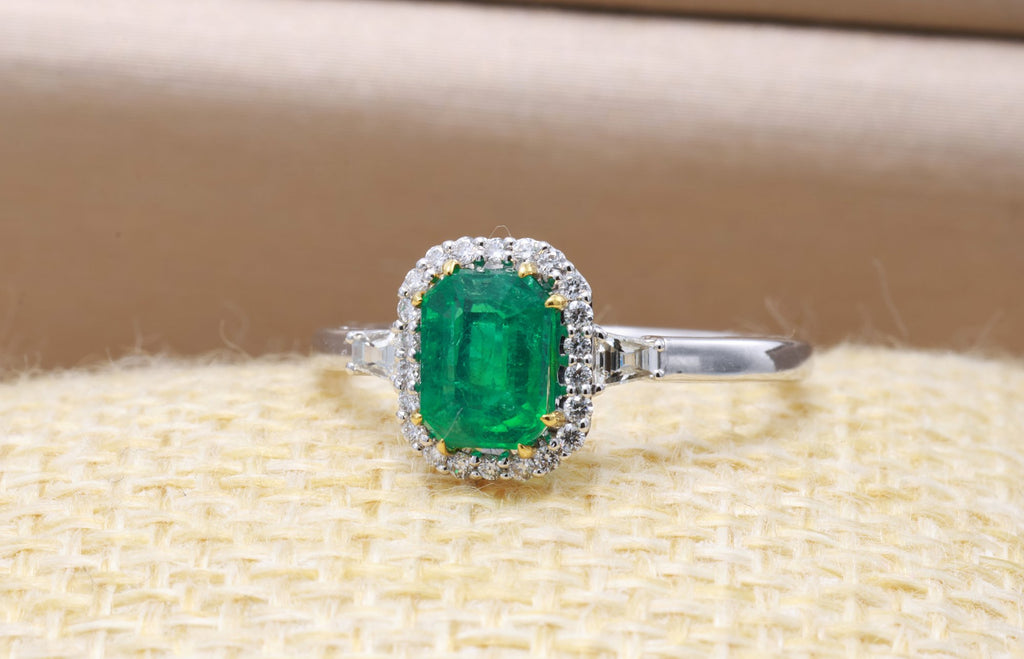 Zambian Emerald Halo Ring in 18K white gold — view 8