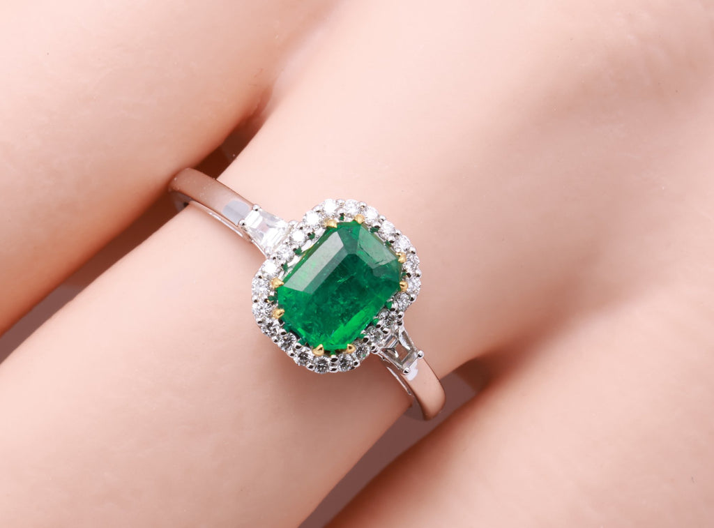 Zambian Emerald Halo Ring in 18K white gold — view 10