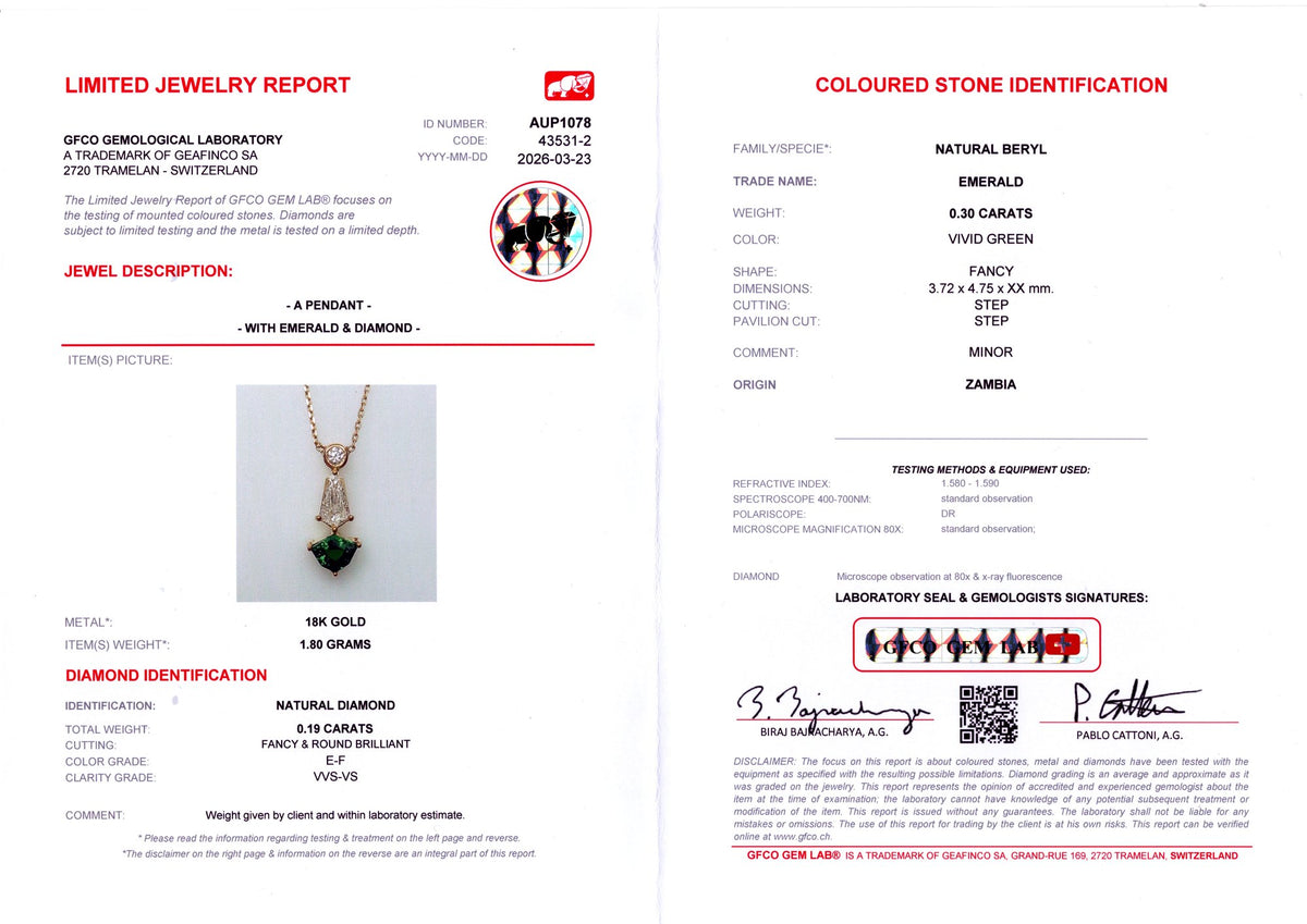 Zambian Emerald & Kite Diamond Drop Pendant — GFCO laboratory report