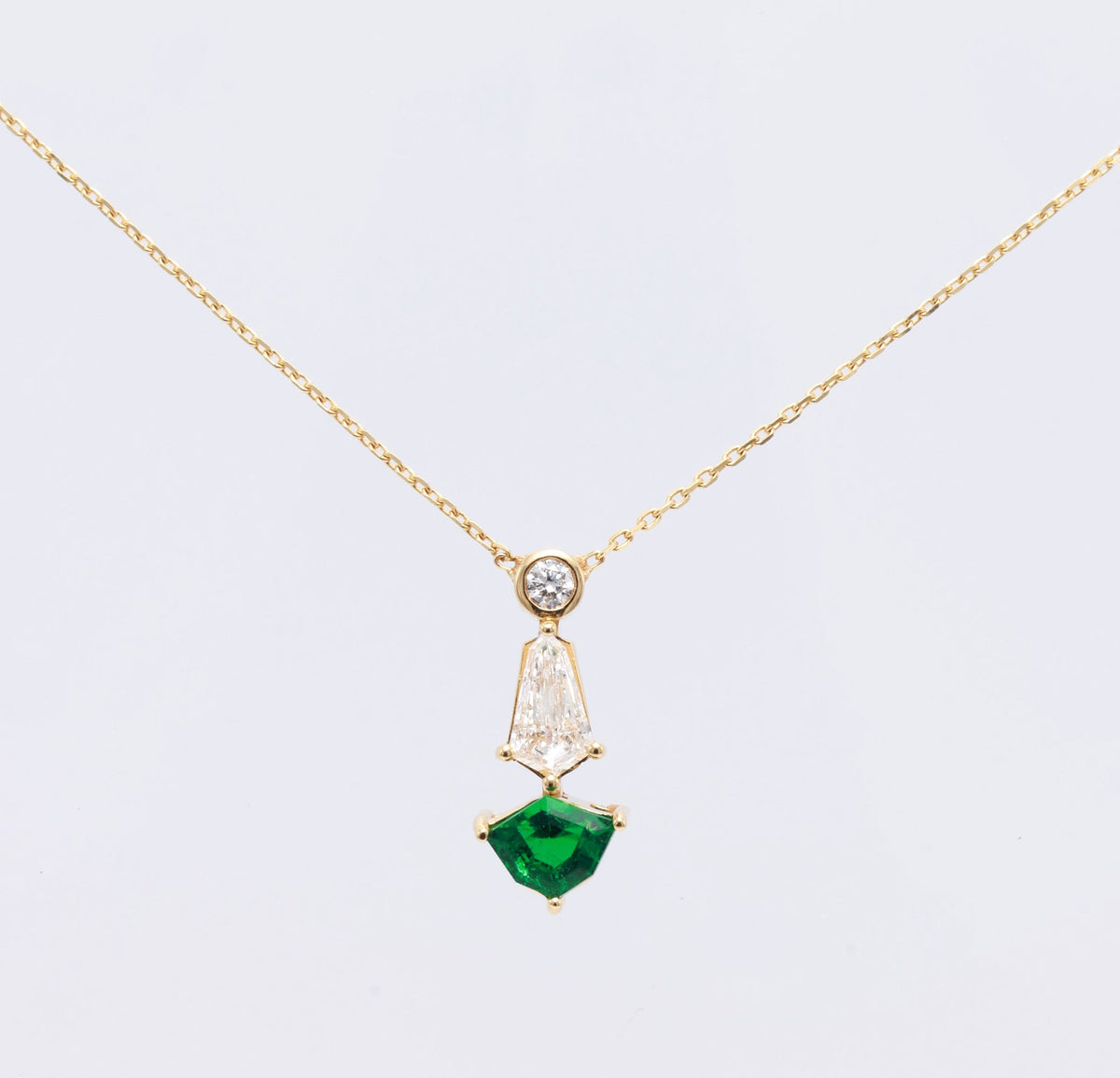 Zambian Emerald & Kite Diamond Drop Pendant in 18K yellow gold — view 1