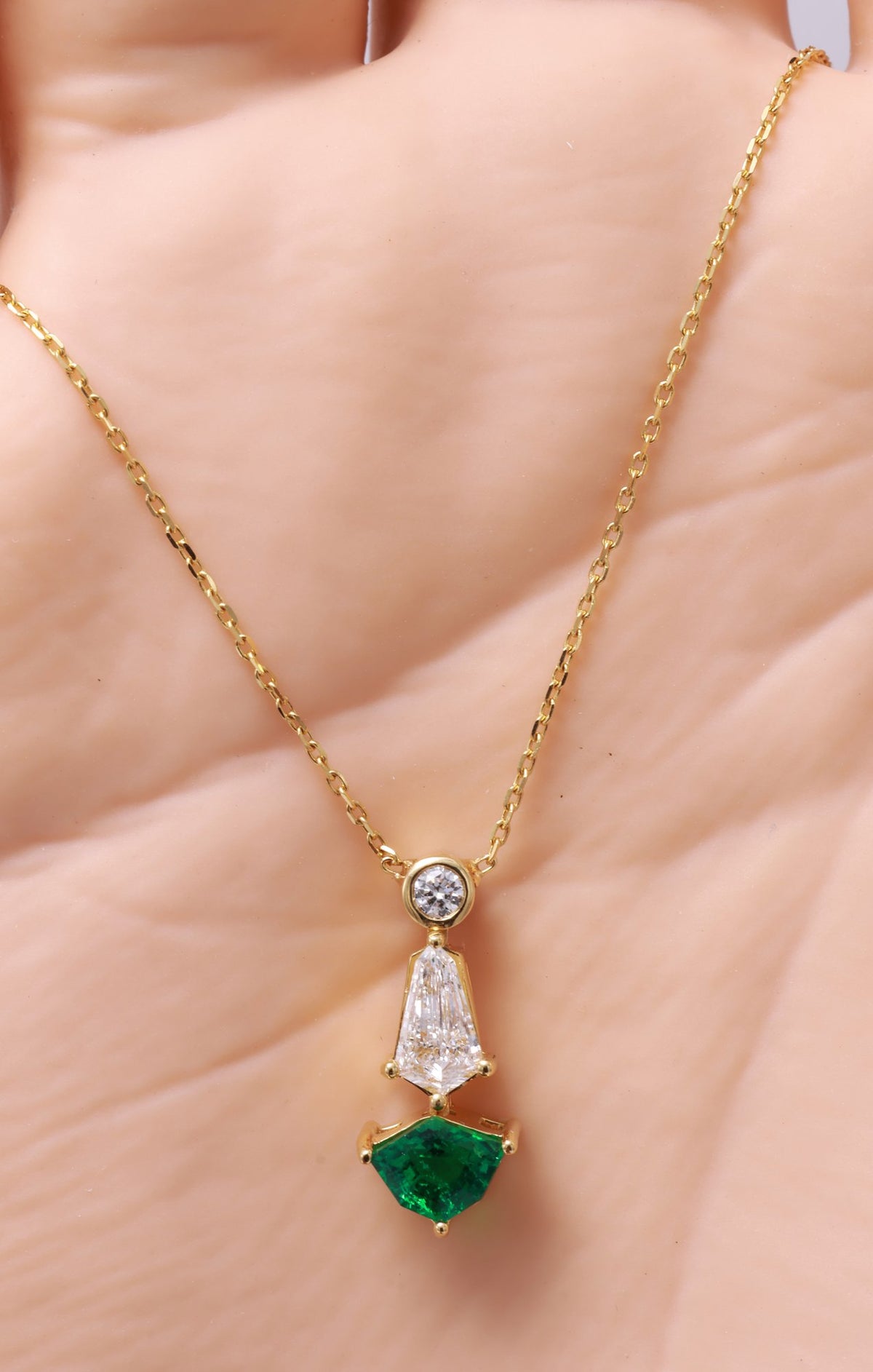 Zambian Emerald & Kite Diamond Drop Pendant in 18K yellow gold — view 2