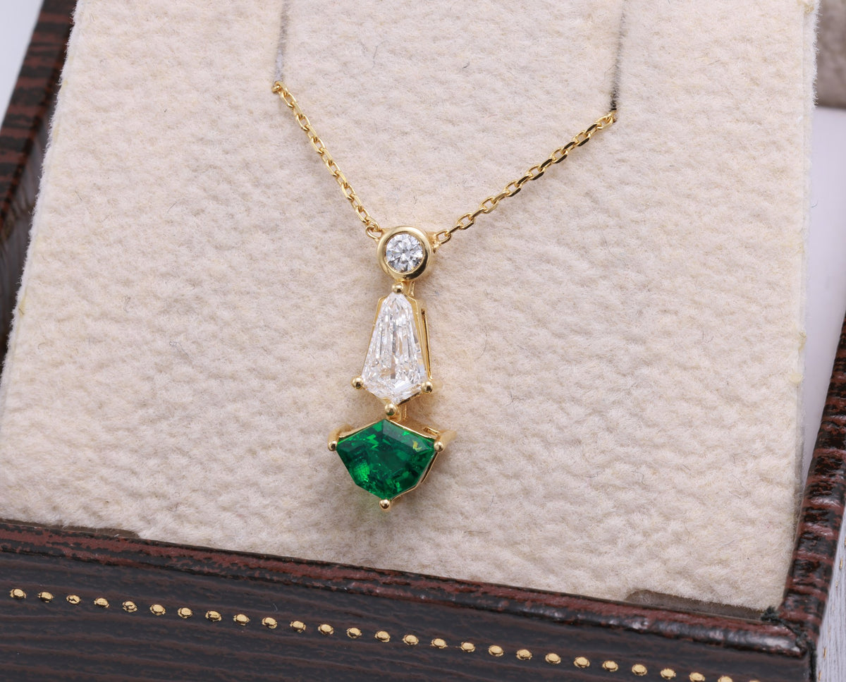 Zambian Emerald & Kite Diamond Drop Pendant in 18K yellow gold — view 3