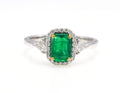 Zambian Emerald & Kite Diamond Halo Ring in 18K white gold — view 1
