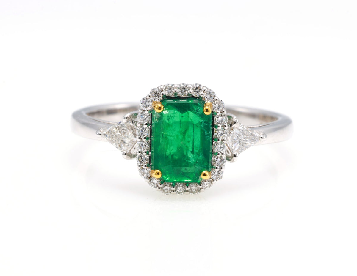 Zambian Emerald & Kite Diamond Halo Ring in 18K white gold — view 1